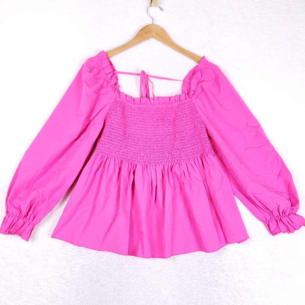 Shein Curve Blouse Women 0XL Smocked Peplum Puff Sleeve Hot Pink Cottagecore Top